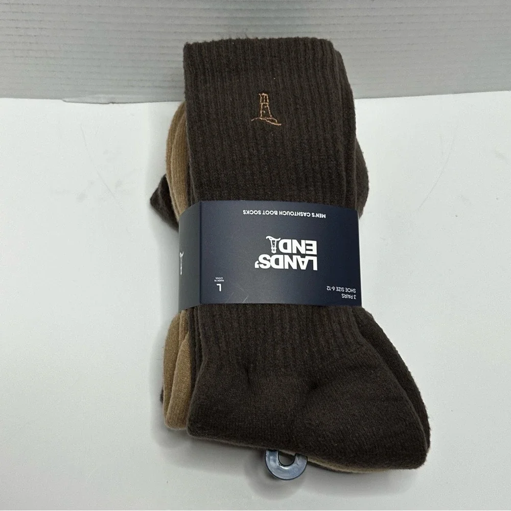 NWT Lands' End Men's Soft Touch Boot Socks 3 Pack Full Terry Sz Lg Brown &‎ Tan
